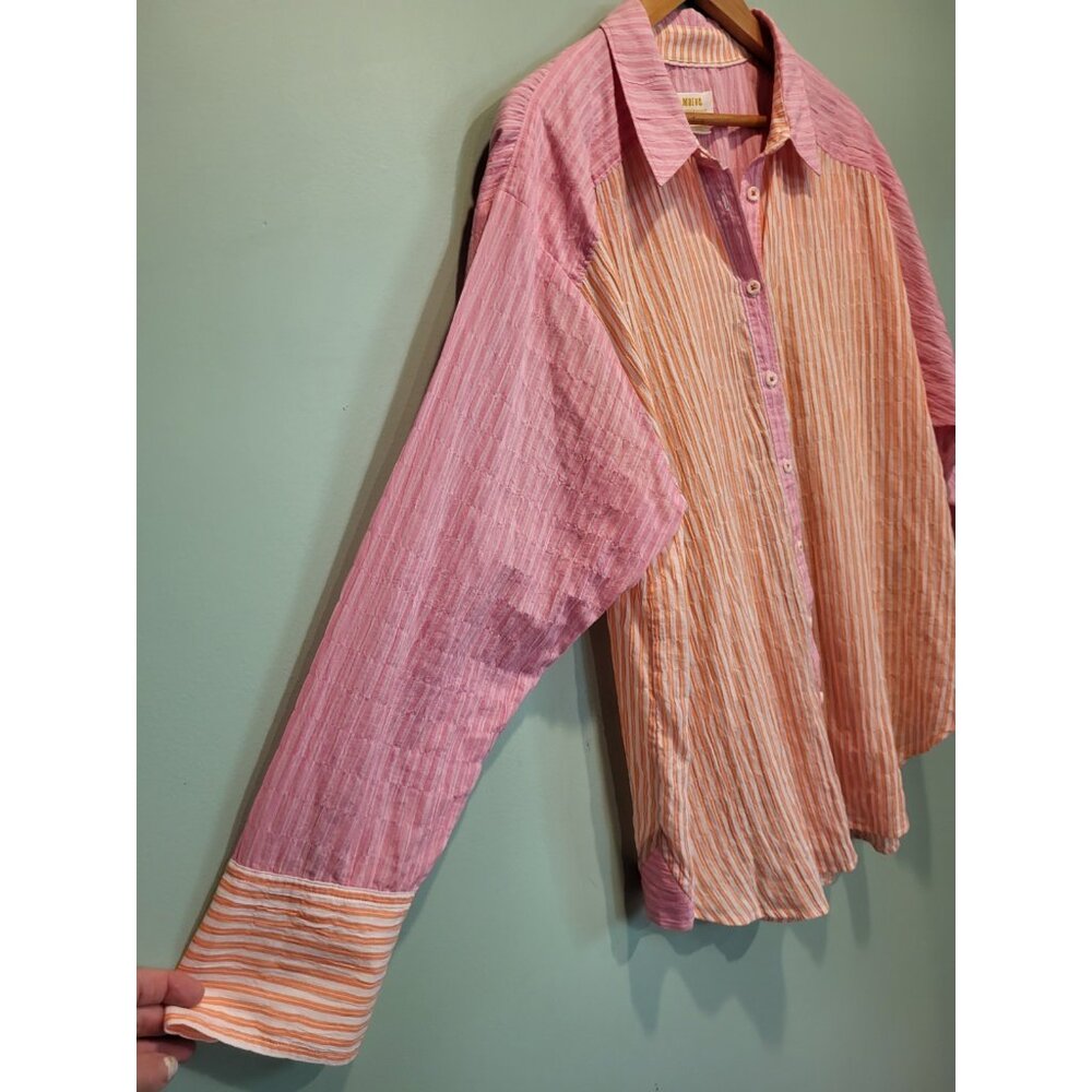 Maeve Pink Orange Stripe Long Sleeve Lightweight Oversized Button Up Shirt L - Picture 3 of 7